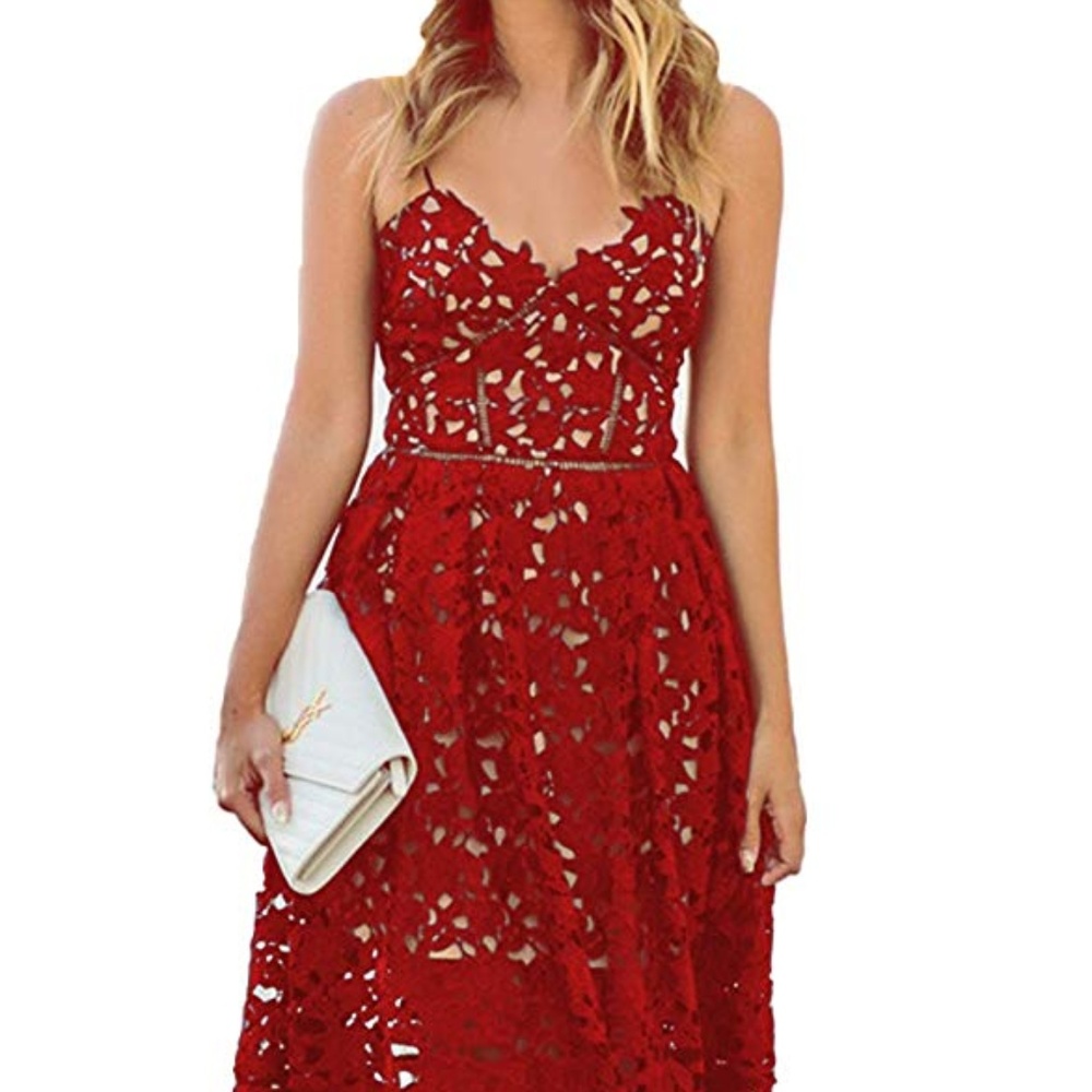 Elegant Red Crotchet Midi Dress